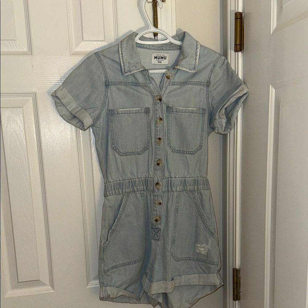 Show Me Your MuMu Light Blue Button-Up Romper